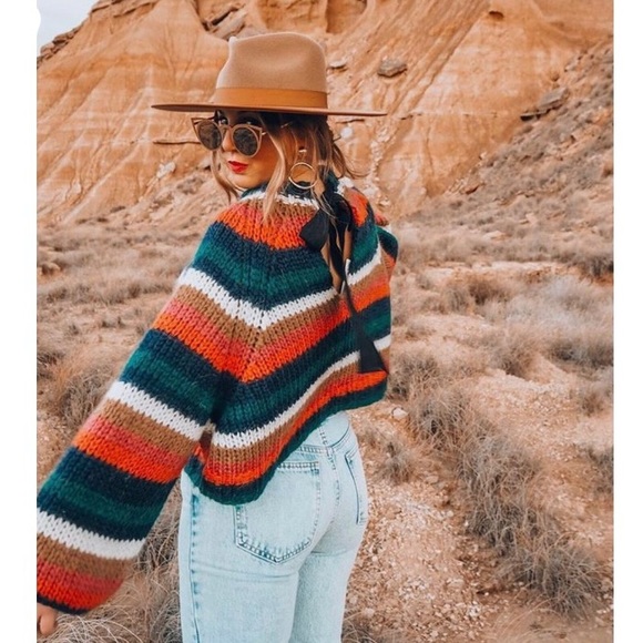 Zara Striped Slouchy Chunky Knit Balloon Sleeve Crop Sweater Retro Boho Small - Picture 2 of 12